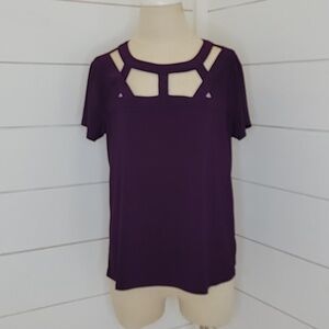 AUW purple medium stretchy short sleeve cutout blouse